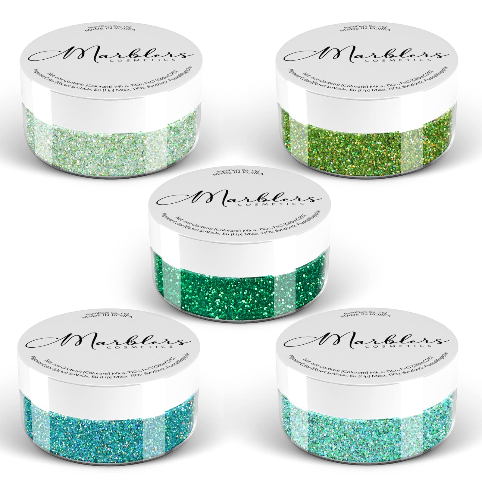 MARBLERS Cosmetic Grade Fine Glitter 5 Pack [Green Grin] 0.90oz (25g) | Non-Toxic | Vegan | Cruelty-Free | Eyeshadow, Nail Polish, Nail Art | Festival, Rave & Party Makeup | Body & Face