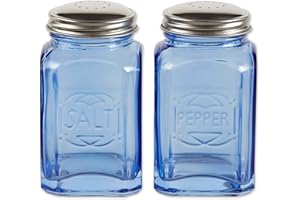 RSVP International Jumbo Retro Glass Salt & Pepper Shaker, Screw On Stainless Steel Lid, Each Shaker Holds 8 Ounces, Blue, 2.25x2.25x4.3, 2 Piece