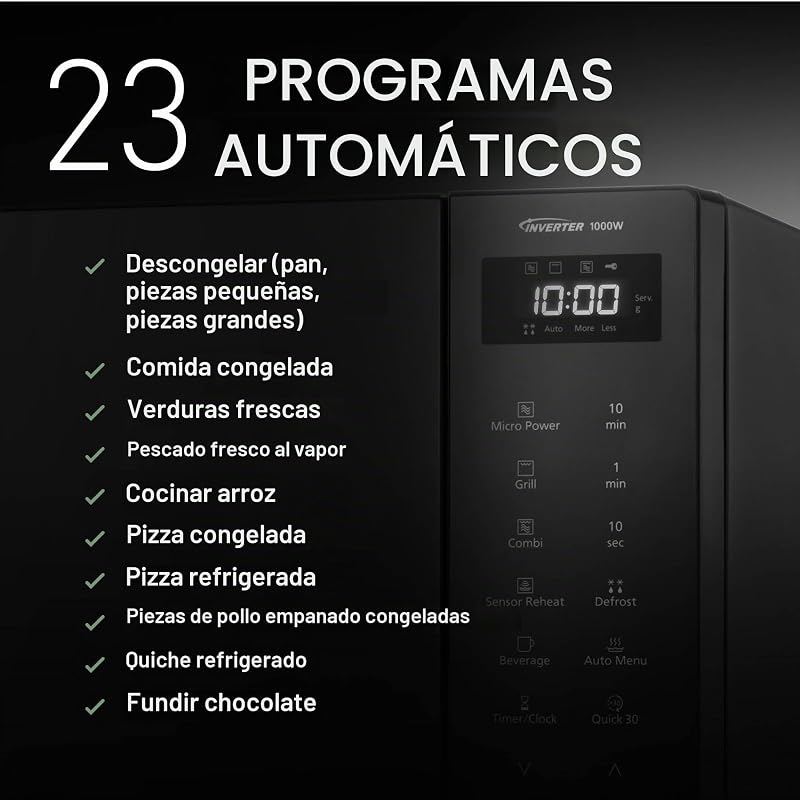 NN-GT65QBEPG 31 L Forno Micro-ondas combinado com grelhador, 1000 W, cozedura combinada, 7 níveis de potência, descongelação turbo, LED, placa giratória, preto