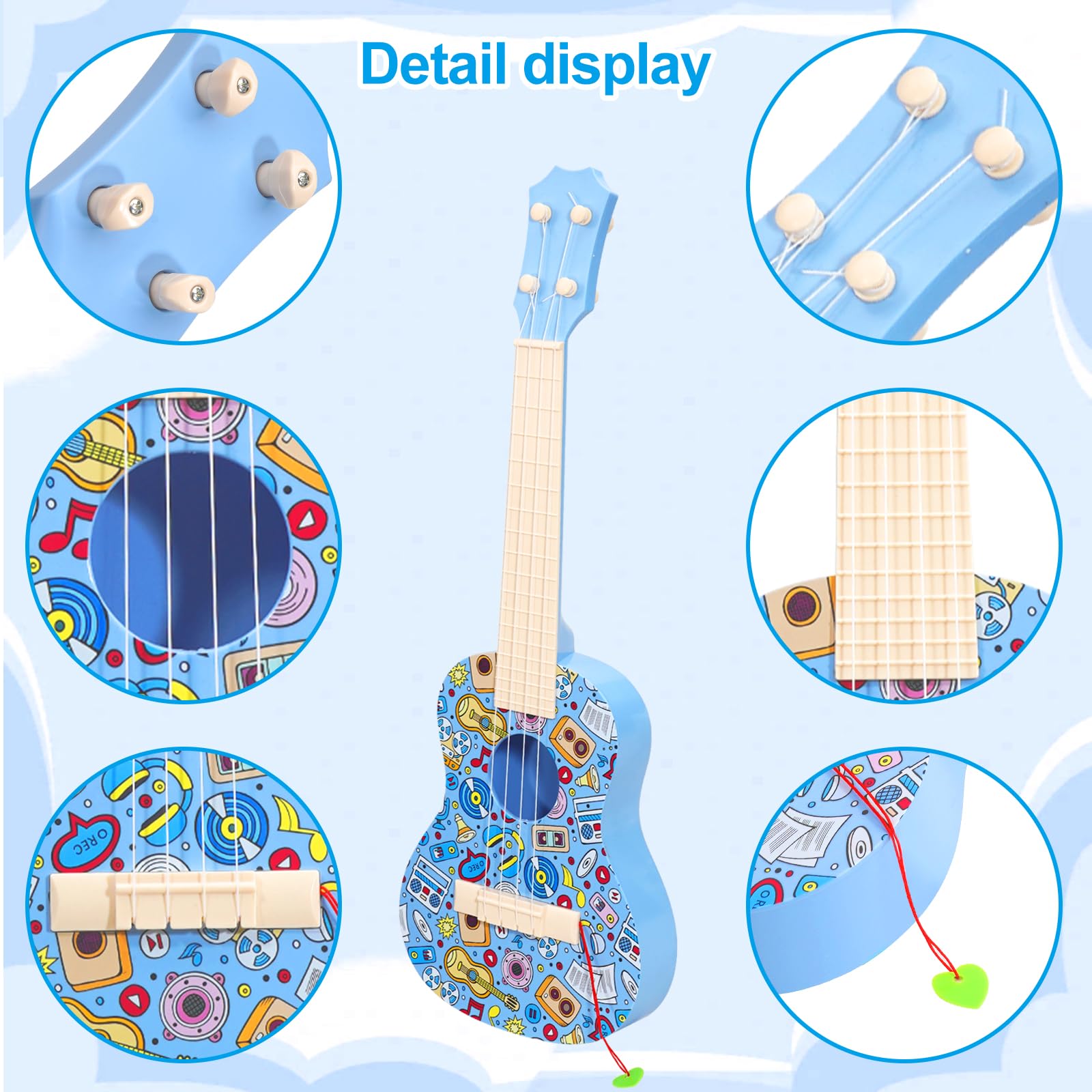LeeQee 21in Colorful Graffiti Ukulele Guitar, 4 Strings Musical Instruments Learning Educational Toys with Picks for 3-12 Kids Toddler Boys Girls (Blue)
