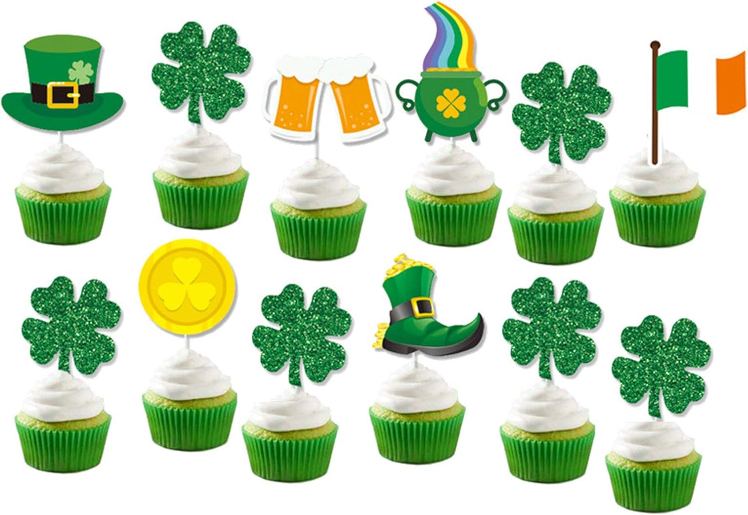 12 PCS Cupcake Topper Sticks St. Patrick's Day Cake Wrappers for Irish Shamrock, Four Leaf Clover Theme Party Carnival Holiday Supplies Girly Women Boy Teens Kids Wedding Birthday Decorations