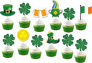 12 PCS Cupcake Topper Sticks St. Patrick's Day Cake Wrappers for Irish Shamrock, Four Leaf Clover Theme Party Carnival Holiday Supplies Girly Women Boy Teens Kids Wedding Birthday Decorations