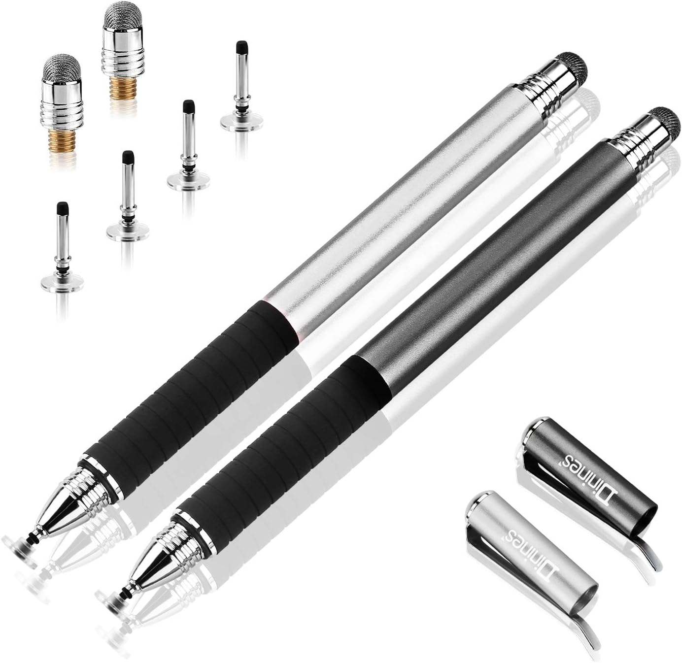 Capacitive Stylus Pen-Dinines Fine Point Stylus Touch Screen Pens for All Capacitive Cell Phones, Tablets, Laptops Bundle with 6 Replacement Tips (2 Pcs, Black/Sliver)