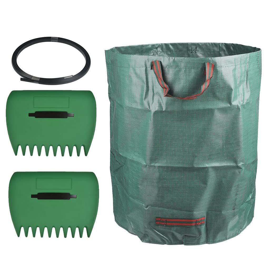 OctBird 2 Pcs Leaf Picker & 300L Large Garden Waste Bags Set, Waterproof Rubbish Refuse Sacks with Handles, Leaf Shovel Hand Rake Collector, for Garden (With 1 Support Rope)