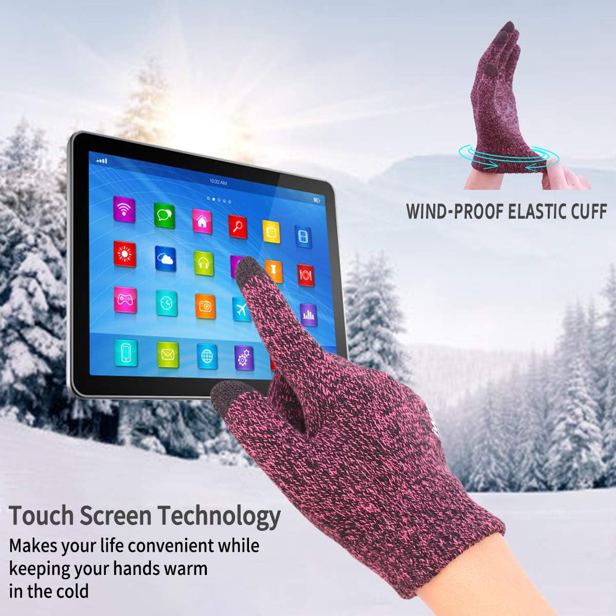 Achiou Winter Knit Gloves Touchscreen Warm Thermal Soft Lining Elastic Cuff Texting Anti-Slip 3 Size Choice for Women Men: Clothing