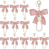 Toyosport Bow Pearl Keychain, Bag Charm with Ribbon and Faux Pearls, Cute Metal Key Ring for Handbags Backpacks Keys, 12Pcs