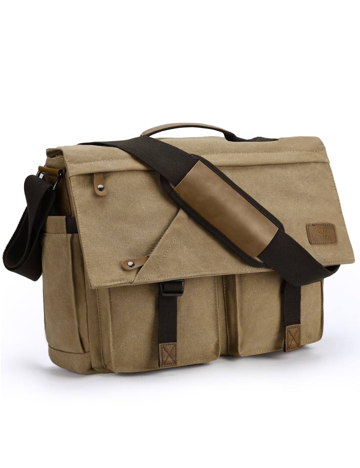 Kasgo Messenger Bags for Men, 15.6 inch Canvas Satchel Bag Water Resistant Laptop Computer Shoulder Bag Man Bag with Padded Shoulder Strap and Luggage Sleeve for Work College Business, Khaki