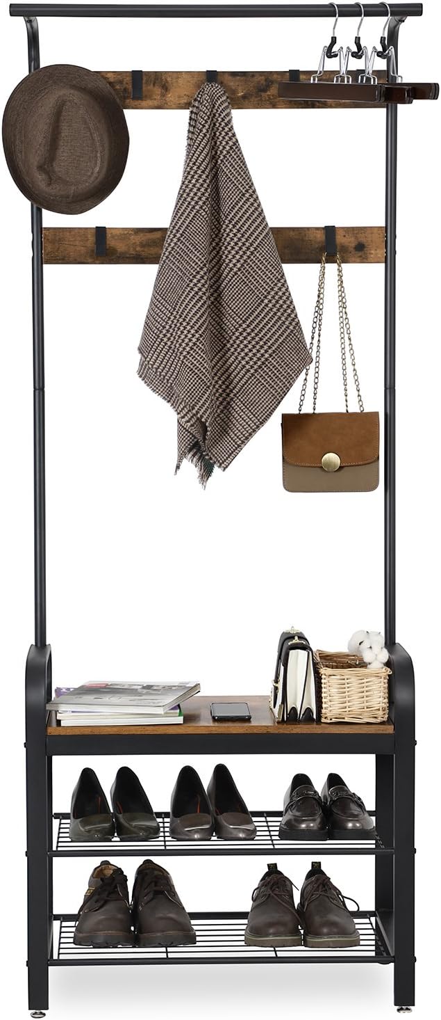 industrial shoe rack on Industrial Coat Tree Hall Shoes Rack With Removable Hooks Height 183 Cm Metal Rustic Brown Hsr40b