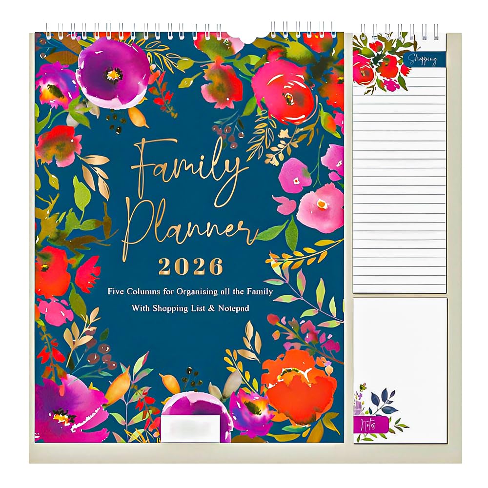2026 Calendar Family Organiser Month to View Calendar Hanging Memo Pad with Shopping List, Notepad, Five Columns for organising Family (Floral)