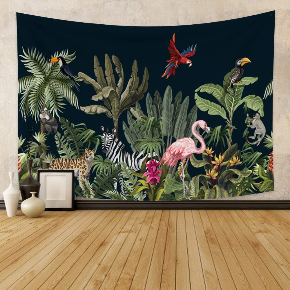 Qinunipoto Jungle Night Tapestry Wall Hanging Cartoon Flamingo Leopard Parrot Jungle Animals Plants Weed Tropical Leaves Tapestries for Living Room Bedroom Dorm Home Room Decor 59x39inch