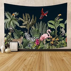 Qinunipoto Jungle Night Tapestry Wall Hanging Cartoon Flamingo Leopard Parrot Jungle Animals Plants Weed Tropical Leaves Tapestries for Living Room Bedroom Dorm Home Room Decor 59x39inch