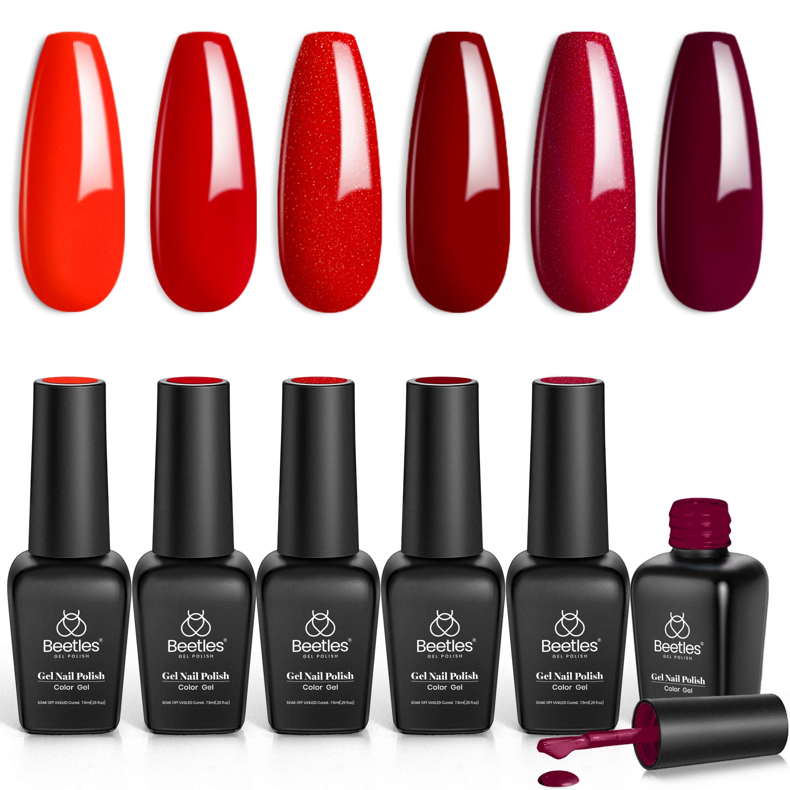 beetles Red Gel Polish - Bloody Mary Gel Nail Polish Set - 6 Pcs Shimmer Red Burgundy Glitter Nail Soak Off UV Kit Roses Manicure Design Gift for Women Girls