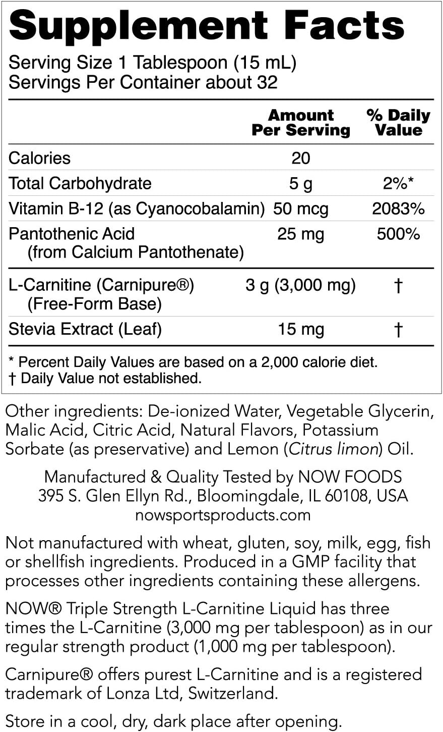 NOW Sports Nutrition, L-Carnitine Liquid, Triple Strength 3000 mg, Citrus, 16-Ounce: Health & Personal Care