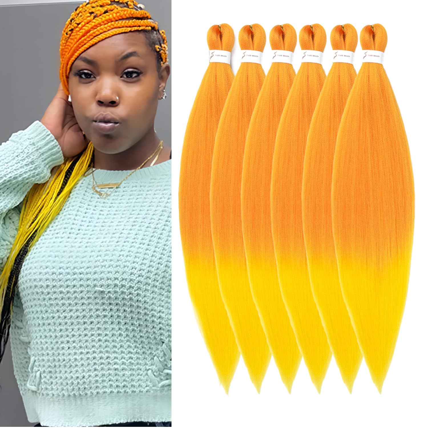 Orange Mixed Yellow Braiding Hair Pre Stretched 30 Inch Colored Braiding Hair Pre Stretched Braiding Hair 6 Packs Soft Yaki Braiding Hair Natural Hot Braiding Hair (30 Inch,Orange/Yellow#) — image 1