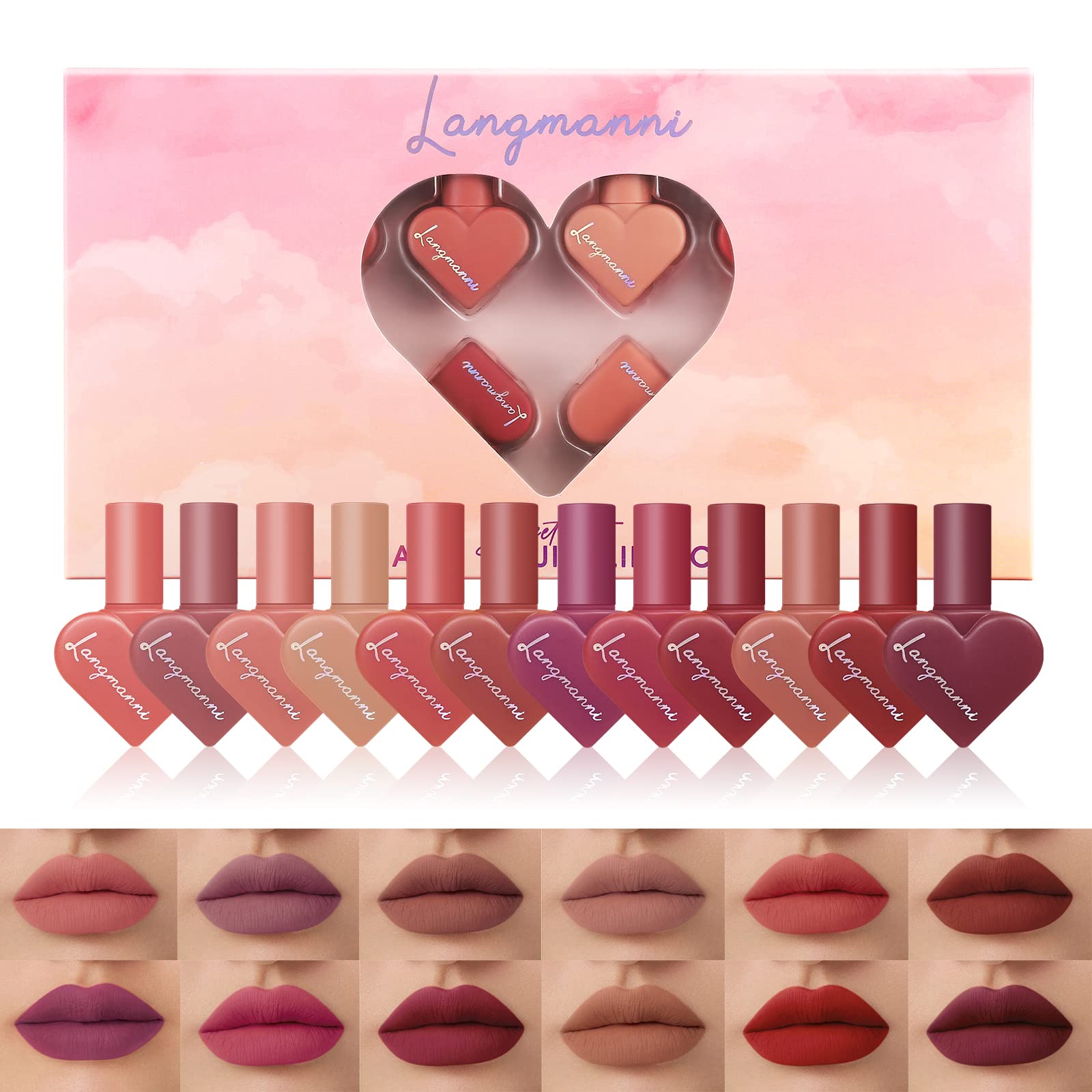 12 Colors Matte Velvet Lip Gloss Makeup Set Waterproof Long-lasting Liquid Lipstick Heart Matte Lipstick Non-stick Cup Lip Make Up Gift Kit for Girls