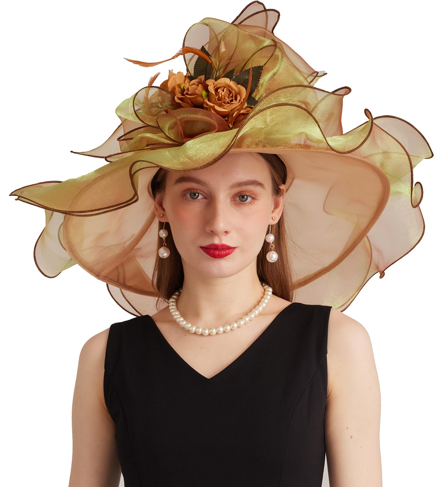 Photo 1 of ORIDOOR Women Hats Headband Hairpin Organza Fascinator Church Derby Hat Floral Tea Party Wedding Hat for Ladies 005 Gold Flowers