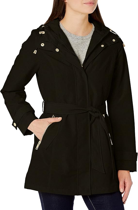Nautica Women's Hooded Raincoat With Belt Jacket, Black, Large Buy