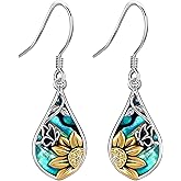 ONEFINITY Sunflower Earrings 925 Sterling Silver Butterfly Abalone Shell Dangle Drop Earrings Sunflower Flower FLoral Jewelry Mothers Gifts for Women Mom Grandma