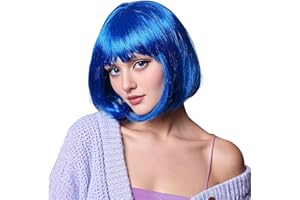 Rose bud Blue Bob Wig with Fringe 12 Inch Short Straight Costume Wigs for Women Cosplay Party Halloween