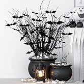 Zeyune 20 Pcs Halloween Glitter Black Floral Picks with 3D Bats | 17.7 Inch Curly Willow Stems for Vase Filler, Sprays Flower Branch Centerpiece, Gothic Bat Sticker Outdoor Indoor Party Decor