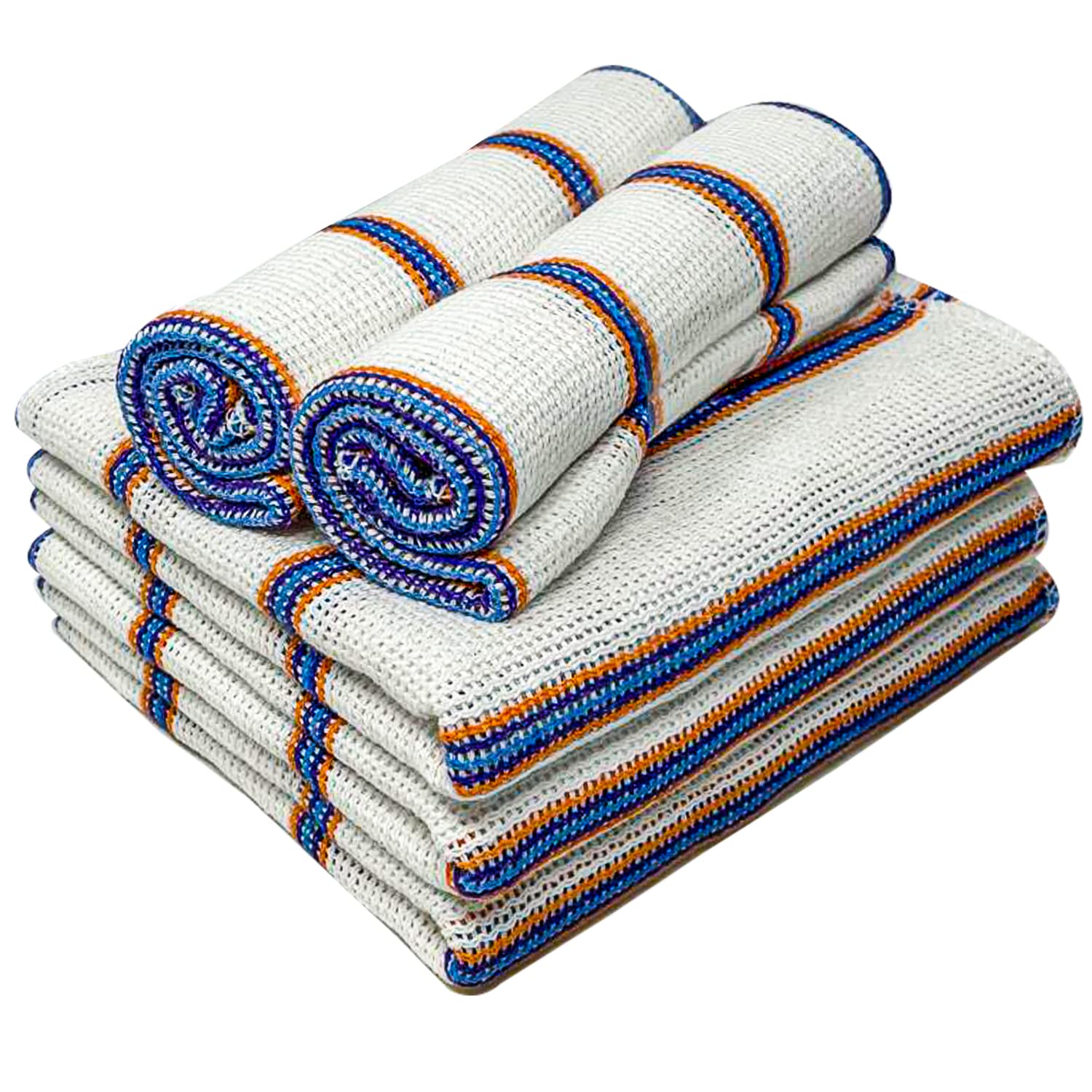 Towelogy® 5 Pack Cotton Dish Cloths Waffle Weave White Super Absorbent LINT FREE QUICK DRY Striped Kitchen Tea Towels Dishcloths for Washing Up Machine Washable 35x40cm (White Blue/Orange Stripes)