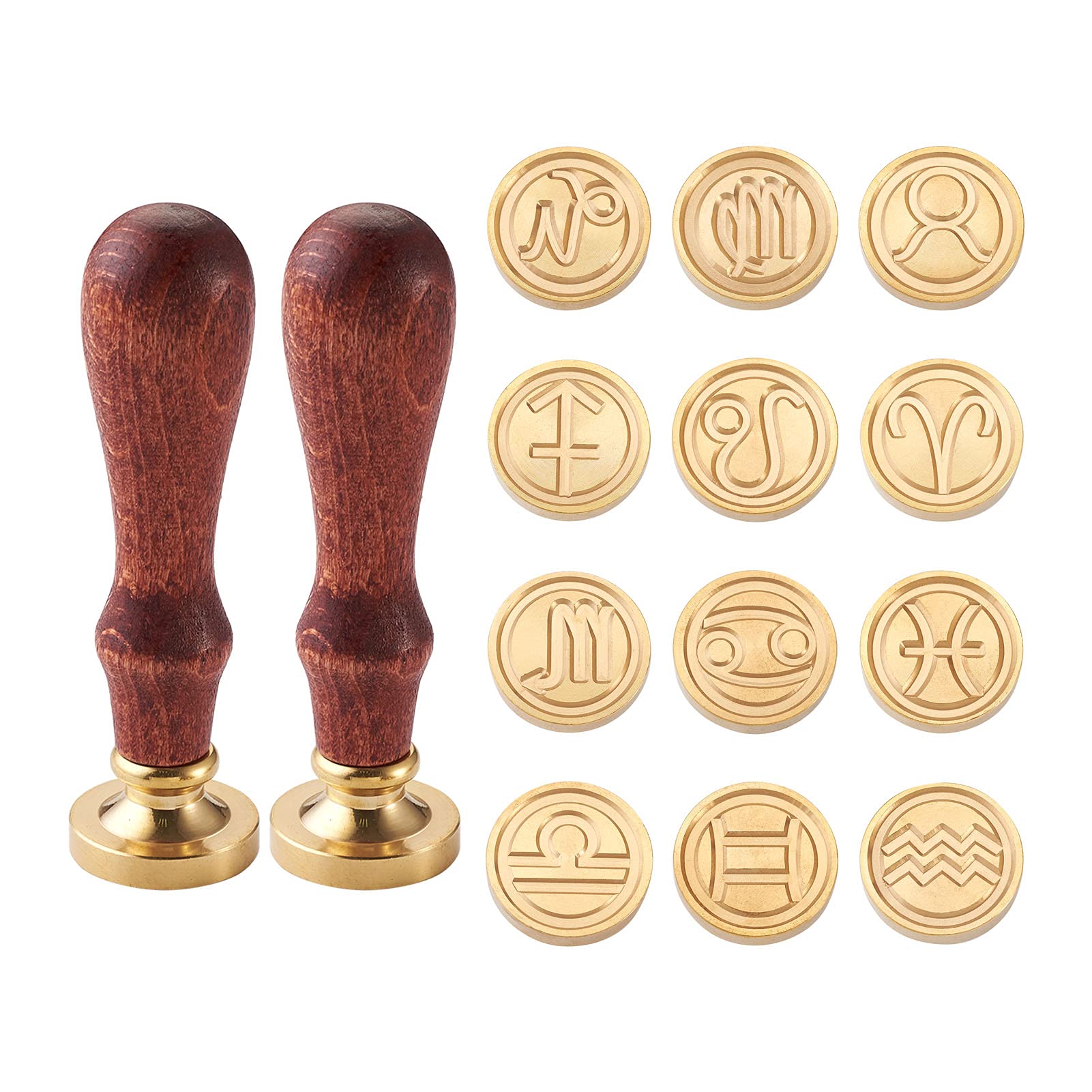 PandaHall Wax Seal Stamp Set with 12pcs 25mm Twelve Constellations Removable Sealing Brass Stamp Head & 2pcs Wooden Handle for Creative Gift Envelopes Invitations Wedding Cards Decoration