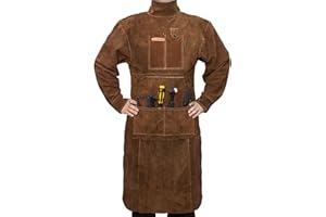 YESWELDER Leather Welding Apron with Sleeve and 6 Pockets, Heat Flame Resistant Cowhide Welder Apron, Brown