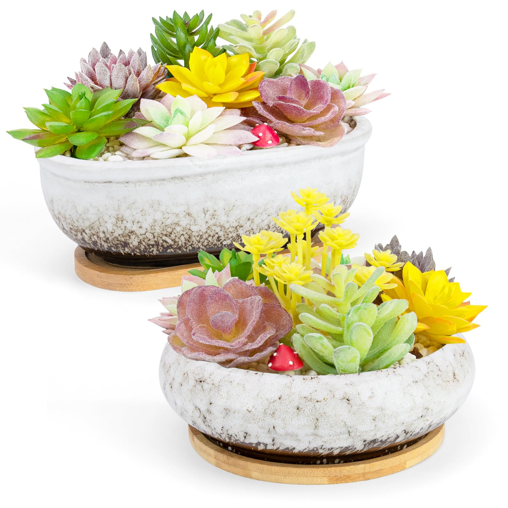 ARTKETTY Succulent Plant Pot - Large Ceramic Bonsai Pot with Drainage Tray, 1 Rectangle Planter + 1 Round Plant Pot for Indoor Cactus Flower Plants Decorative Garden Home