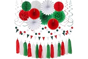 Red-Green White Christmas Party-Decorations - 33pcs Banner,Mexico Italy Streamers Tassel Garland,Tissue Pom Poms Honeycomb,Paper Lantern Fans,Mexican Italian Birthday Wedding Baby Shower Decor Hugtmr