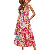 CUPSHE Women's Floral Square Neck Sleeveless Ruffle Trim Backless Tie Twisted Summer Beach Maxi Dress