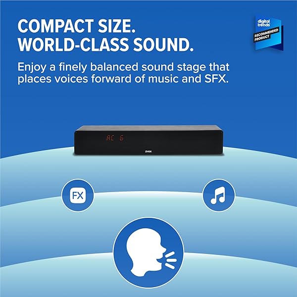 ZVOX DIALOGUE CLARIFYING SOUND BAR – PATENTED HEARING TECHNOLOGY, ACCUVOICE TV SOUND BAR WITH 12 LEVELS OF VOICE BOOST, 17″ HOME THEATER TV SPEAKERS, IDEAL FOR SMART TVS – AV157 BLACK