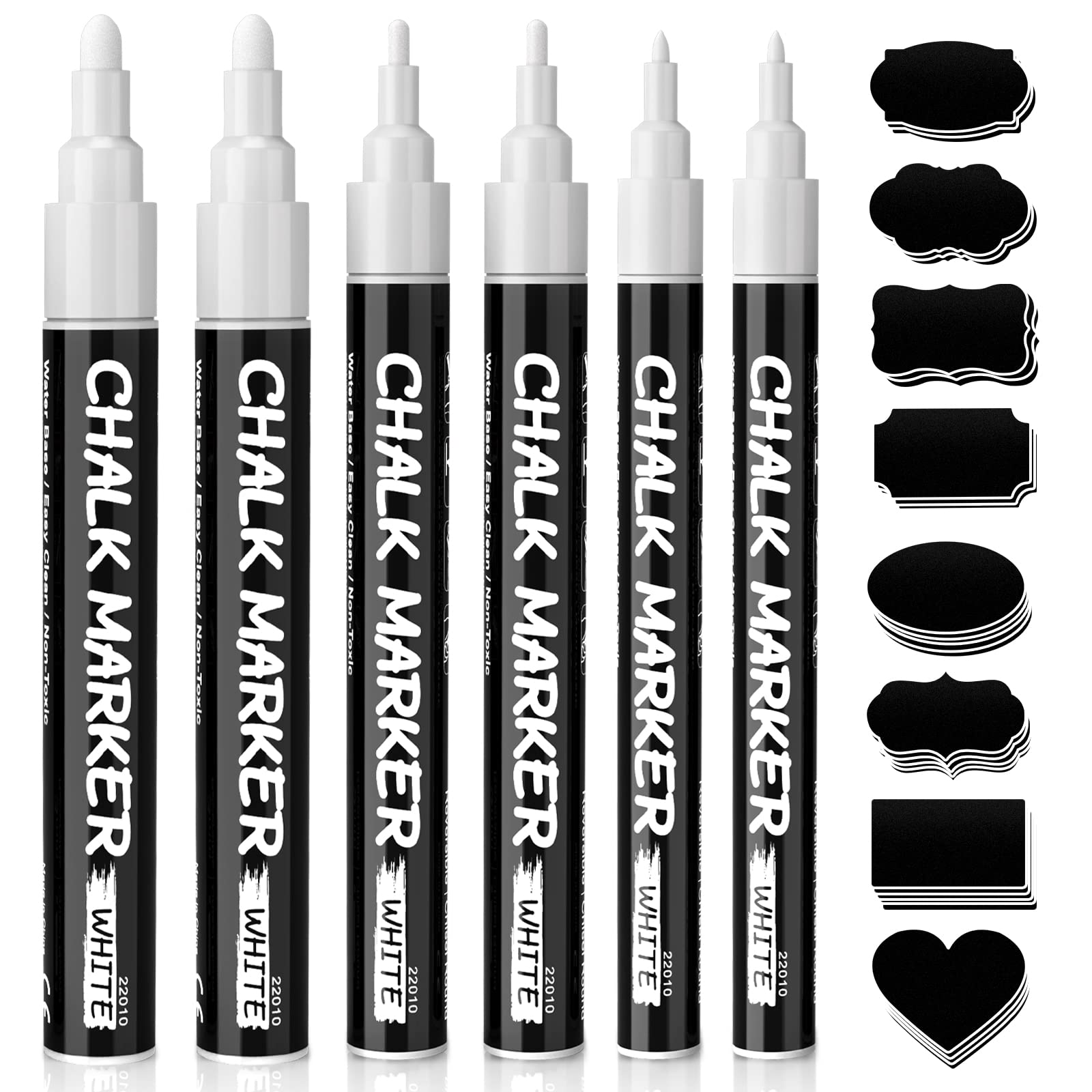 SAKEYR White Chalk Pens, 6 Pack Liquid Chalk Marker for Blackboards, Window Pens for Glass Washable, Wipeable Chalkboard Pen-1, 3, 6mm Reversible Tip with 45 Waterproof Labels