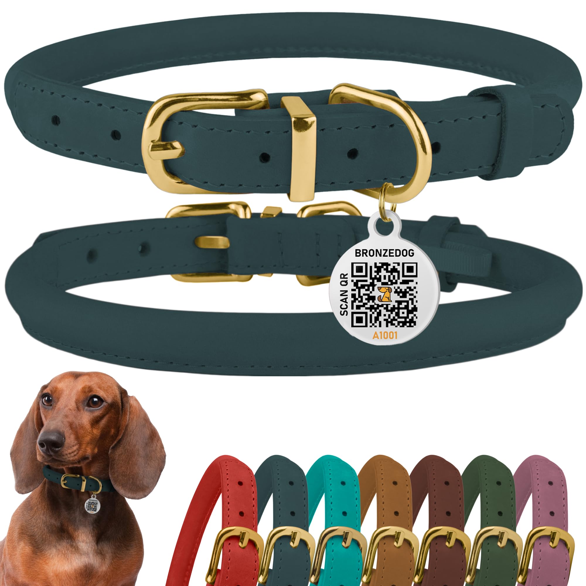 BRONZEDOG Rolled Leather Dog Collar with QR ID Tag Adjustable Soft Round Collars for Small Medium Large Dogs Puppy Cat (Denim, 35-41 cm)