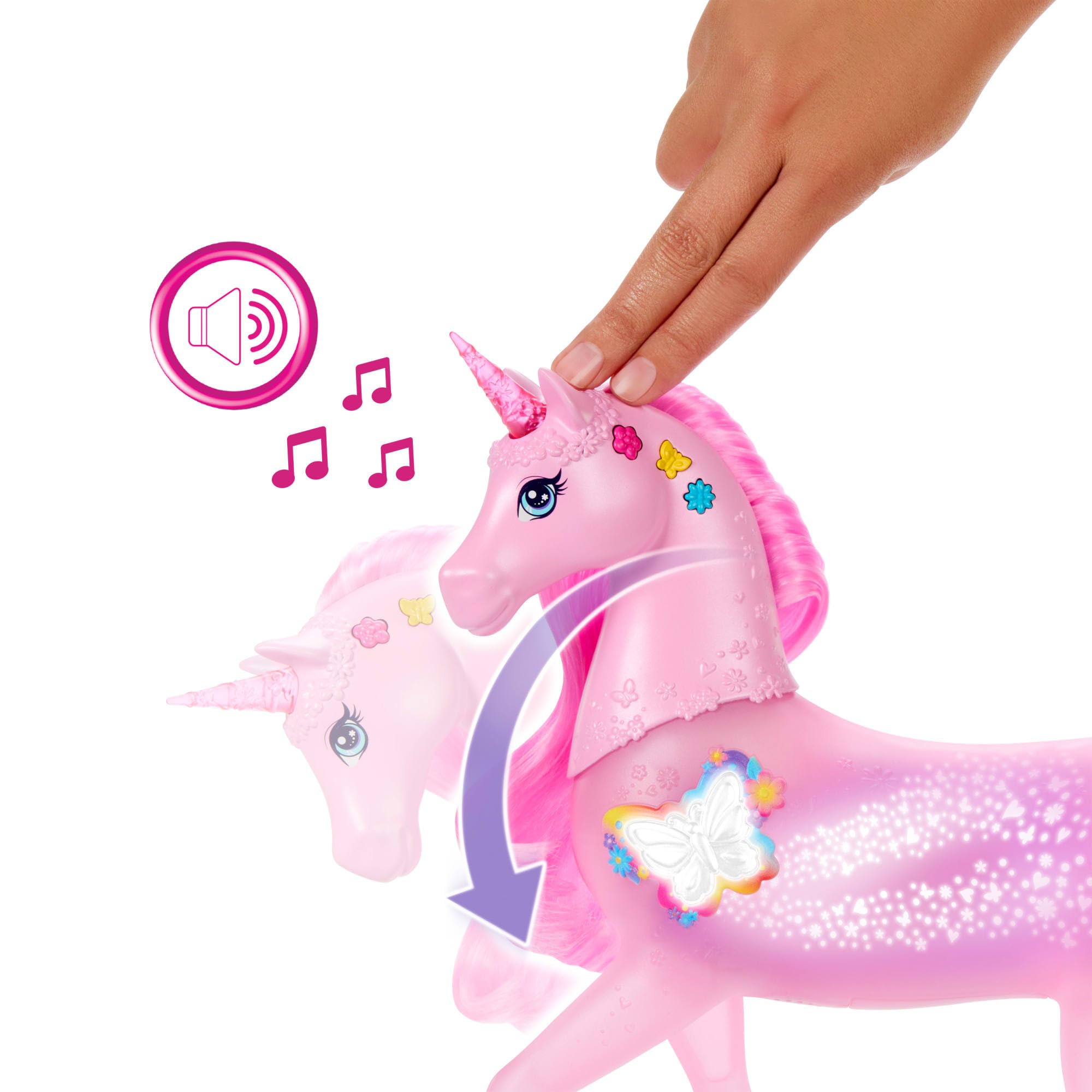 Barbie funkelnd leuchtendes Einhorn mit 20 interaktiven Kombinationen aus Lichteffekten, Geräuschen und Musik, zum Spielen Knöpfe drücken und Kopf streicheln,JCP78 4