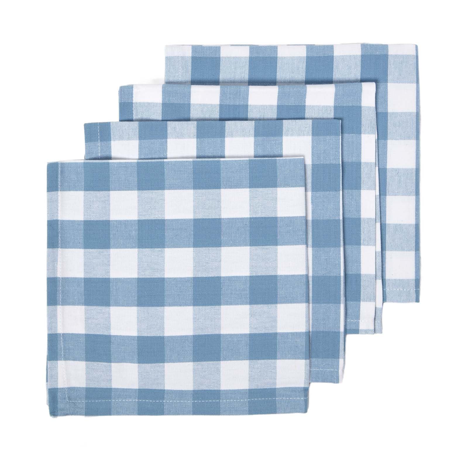 HOMESCAPES Set of 4 Blue Gingham Napkins Block Check Pattern 100% Cotton Napkins 45 x 45 cm (18” x 18”) with Blue and White Checkered Design