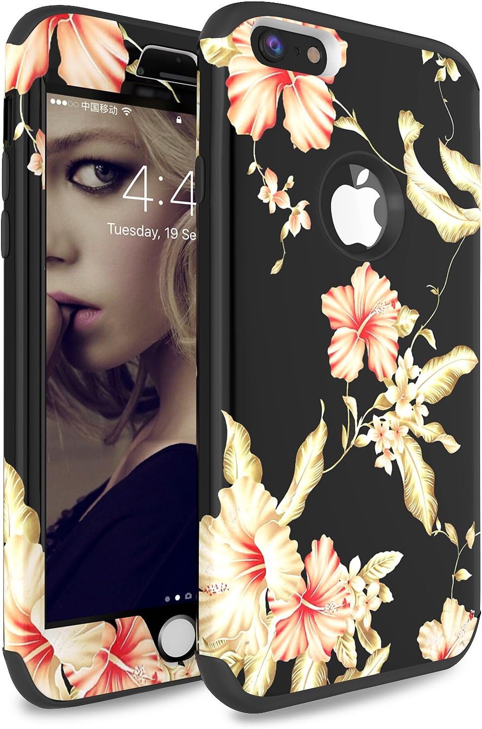 iPhone 6 Plus Case, iPhone 6s Plus Case ADCOOG [Flower] Three Layers Heavy Duty Case for Girls/Women Hybrid Protective Floral Case for iPhone 6 Plus,iPhone 6s Plus (Black+Morning Glory)