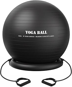 Amazon Ellesye バランスボール ヨガボール フィットネスボール 75cm Pvc アンチバースト 空気入れ トレーニングチューブ ボール台座付 ジム 家 職場などに適用 Ellesye バランスボール