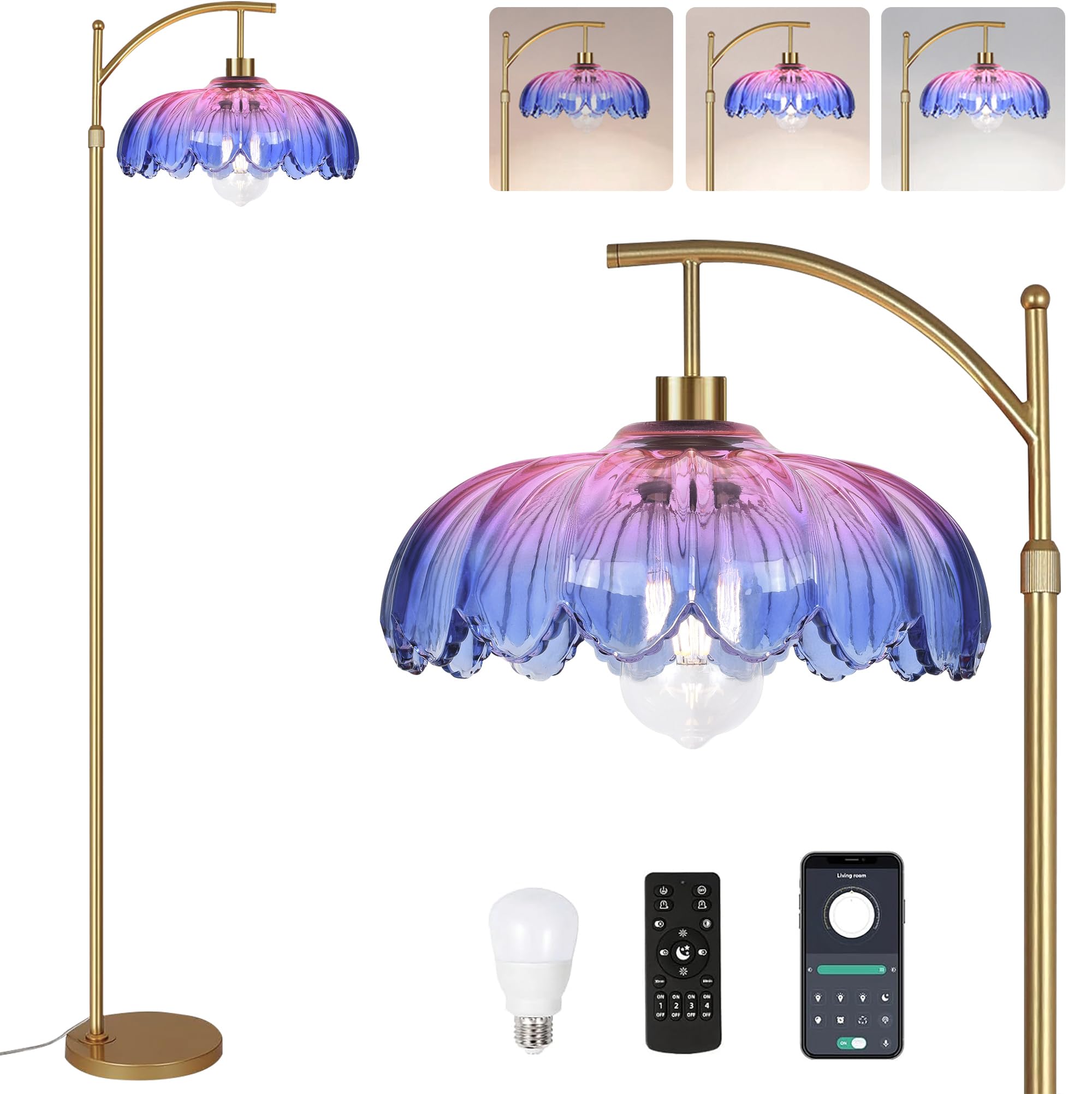 Photo 1 of ILLMTW Floor Lamp for Living Room,Bedroom,Gold Dimmable Standing Lamp with Remote,Mid Century Modern Brass Tall Lamp Retro Vintage Glass Lamp Floor Light Boho Bohemian
