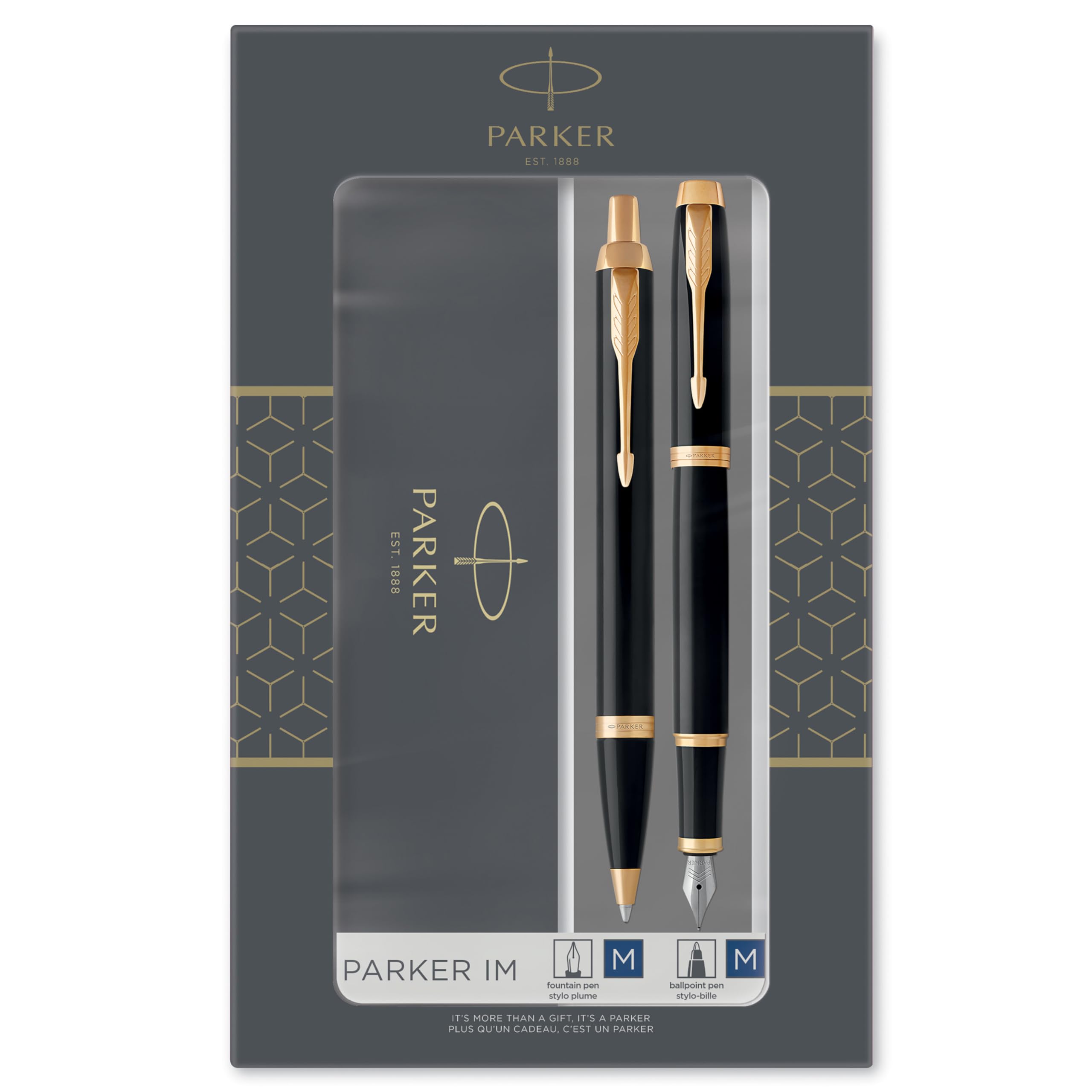 Parker IM Duo Gift Set with Ballpoint Pen & Fountain Pen | Gloss Black with Gold Trim | Blue Ink Refill & Cartridge | Gift Box