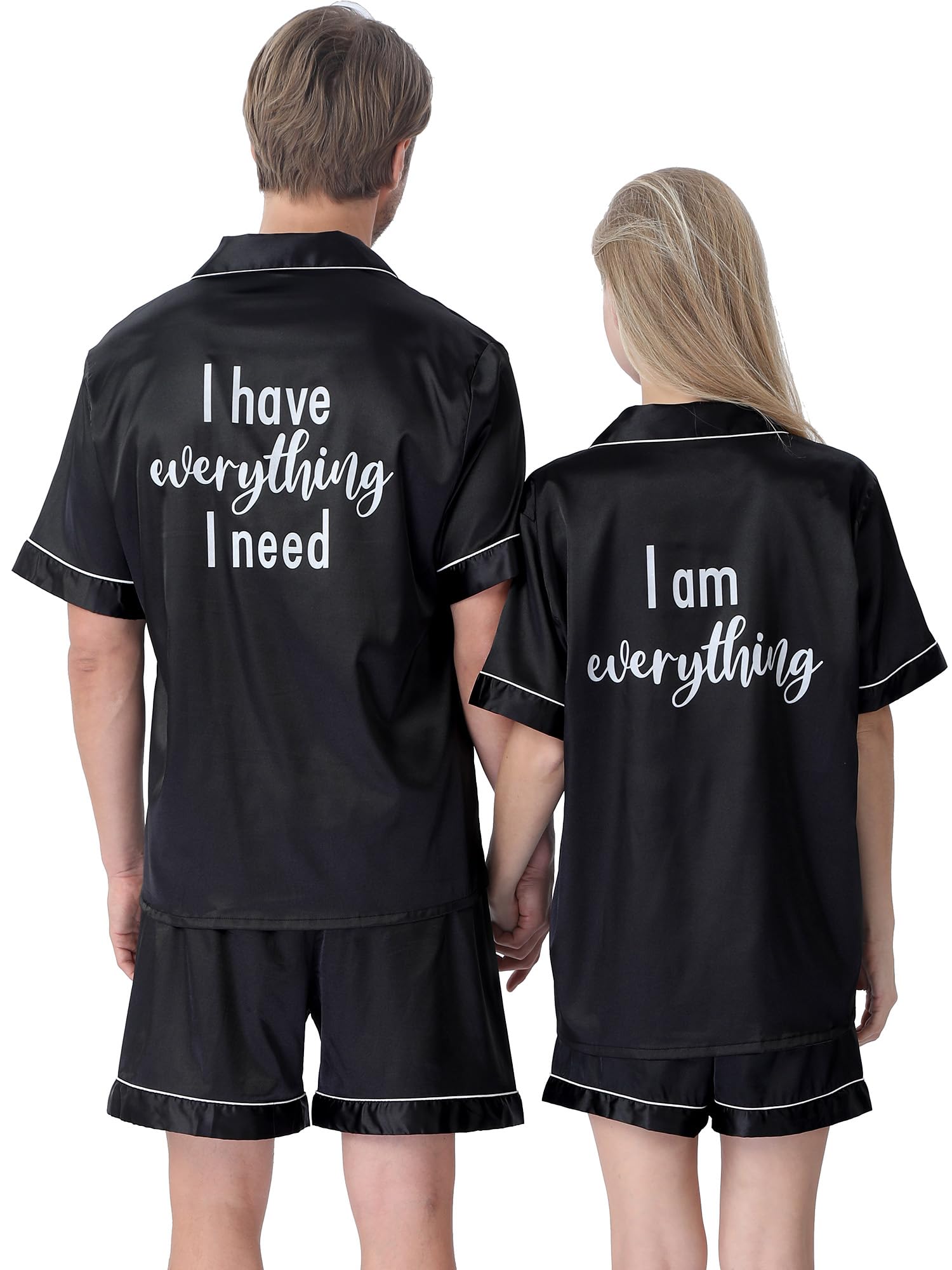 Photo 1 of 1 set Jecery His and Hers Pajamas Sets Matching Pajamas for Couples Satin Button Pjs Short Sleeve Sleepwear for Women Men(Women,XX-Large,Black Everything)