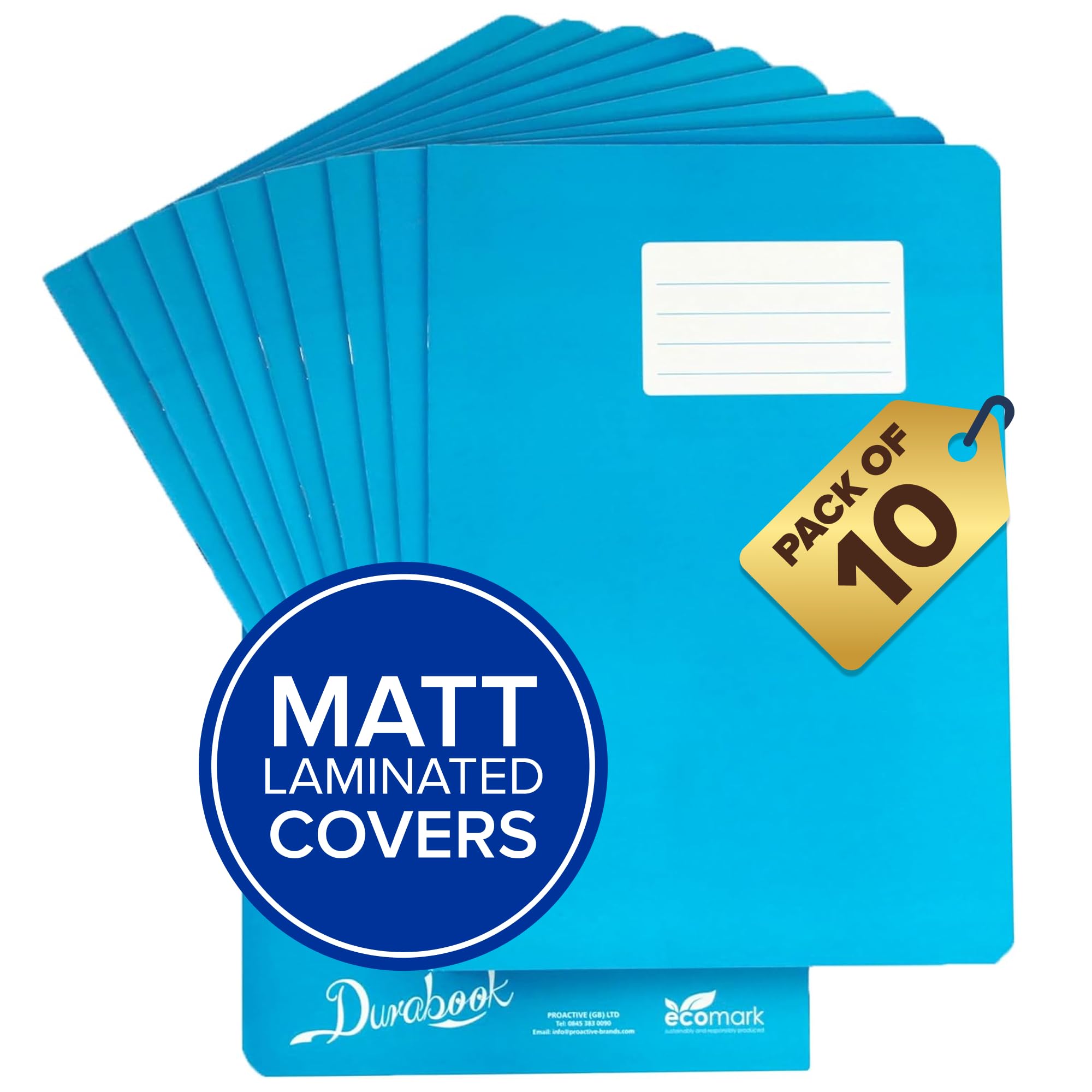 Durabook A4 10mm Squared & Margin Light Blue Exercise Books, Pack of 10, 80 Page Durable Matt Laminated Water-Resistant Cover, Square Ruling School Notebook, Squared Maths Books for School & Home