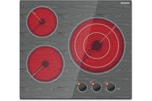 Karinear 24'' Electric Cooktop 3 Burners Ceramic Cooktop,Built-in Electric Stove Top with Beautiful Wooden Pattern, Knob Control, Over-Temperature Protection, 220-240v, 5700W, Hard Wire (No Plug)