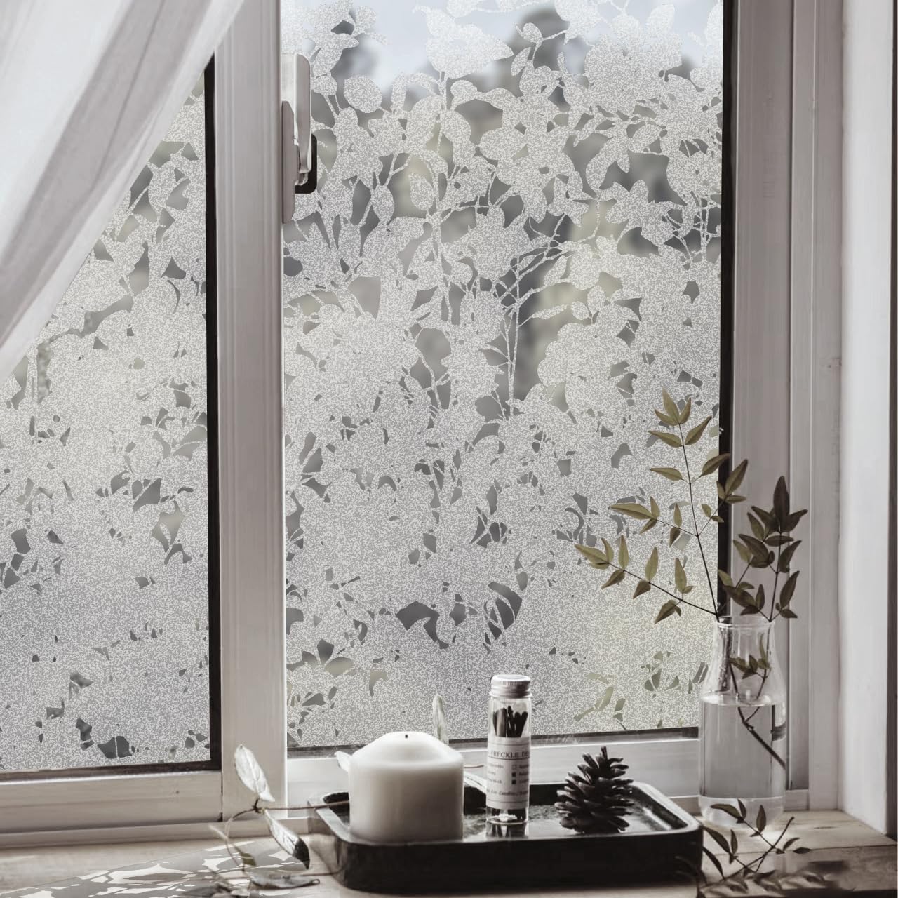 funlife 58x120CM x 2PCS Etched Glass Double-sided Window Flim Privacy, No Glues Static Cling Art Decor Decorative Vinyl Film, White Print on Clear Shadow Leaf