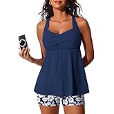MiYang Tankini Swimsuits for Women 2026 Tummy Control Modest Flowy Two Piece Bathing Suits Top with Pockets Shorts