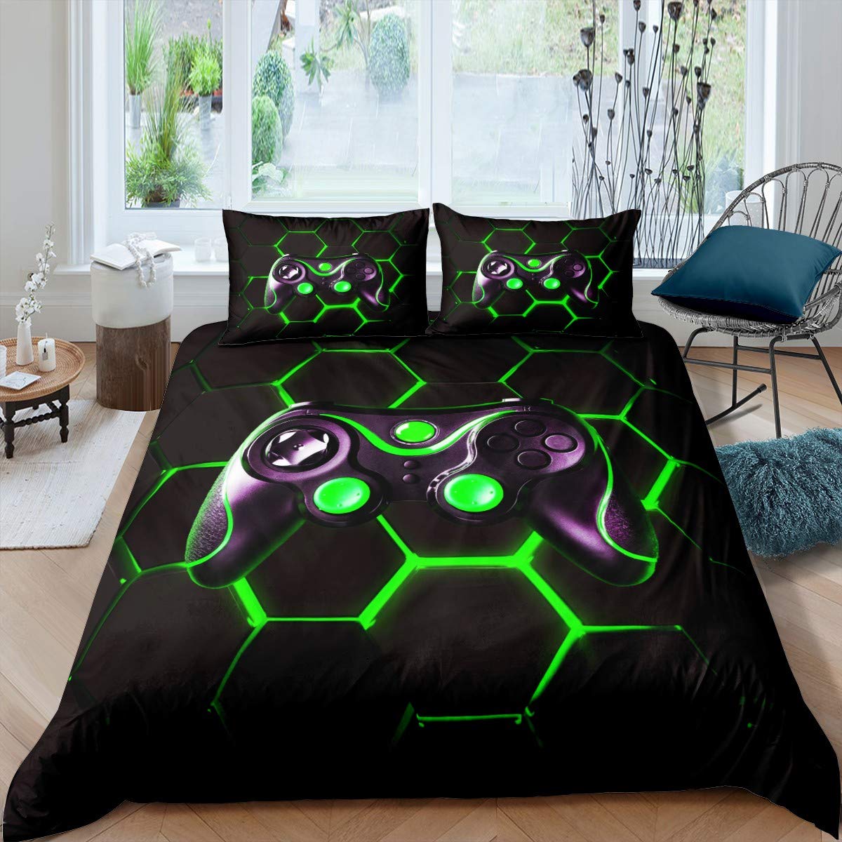 Homemissing Boys Teens Gaming Duvet Cover Set Kids Video Game Gamepad Bedding Set Geometric Honeycomb Hexagon Comforter Cover Gaming Game Controller Bedspread 3Pcs Double Size,Black,Green — image 1