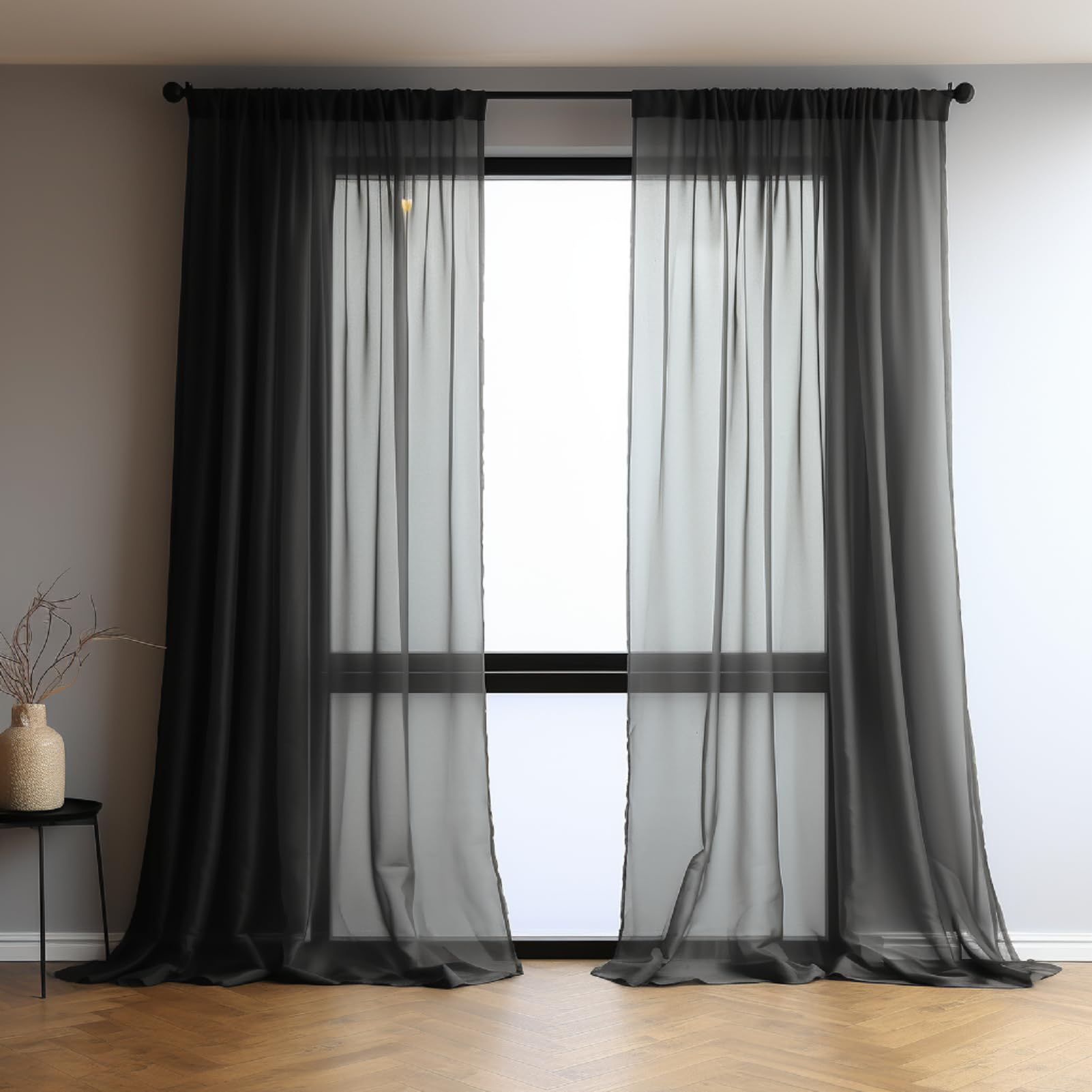 NAKIHOUSE Voile Curtain, 84 Drop Net Curtains Light Filtering Window Treatment Sheer & Drapes Slot Top Black Sheer Curtains for Bedroom/Nursery Room 52" x 84", 2 Panels — image 1