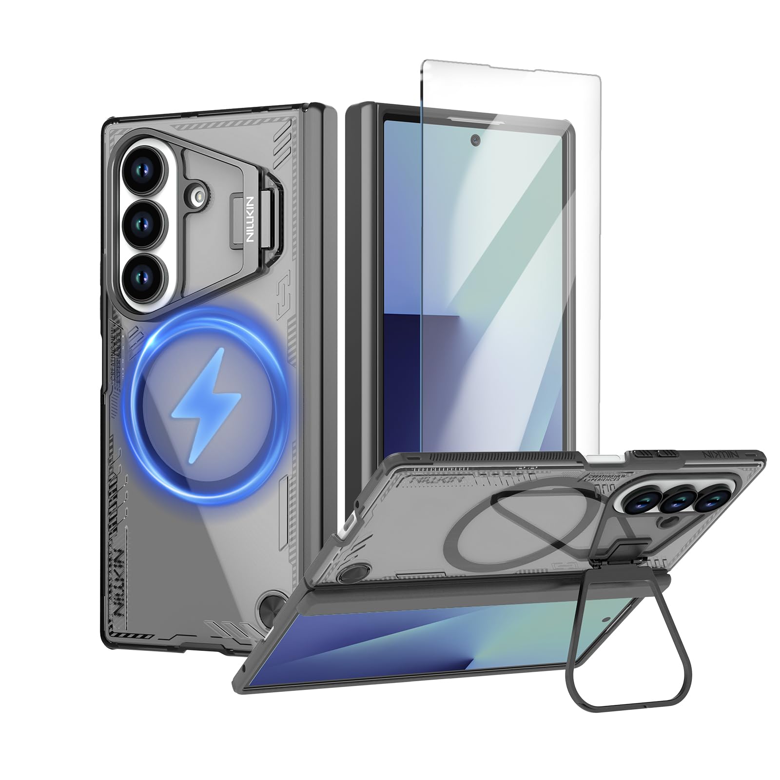 Photo 1 of Nillkin for Samsung Galaxy Z Fold 7 Magsafe Case Built-in Screen Protector, Built-in Camera Kickstand & Magnetic Hinge Protection, Clear & Anti-Yellow, Fold 7 Case with Stand, Transparent Black?