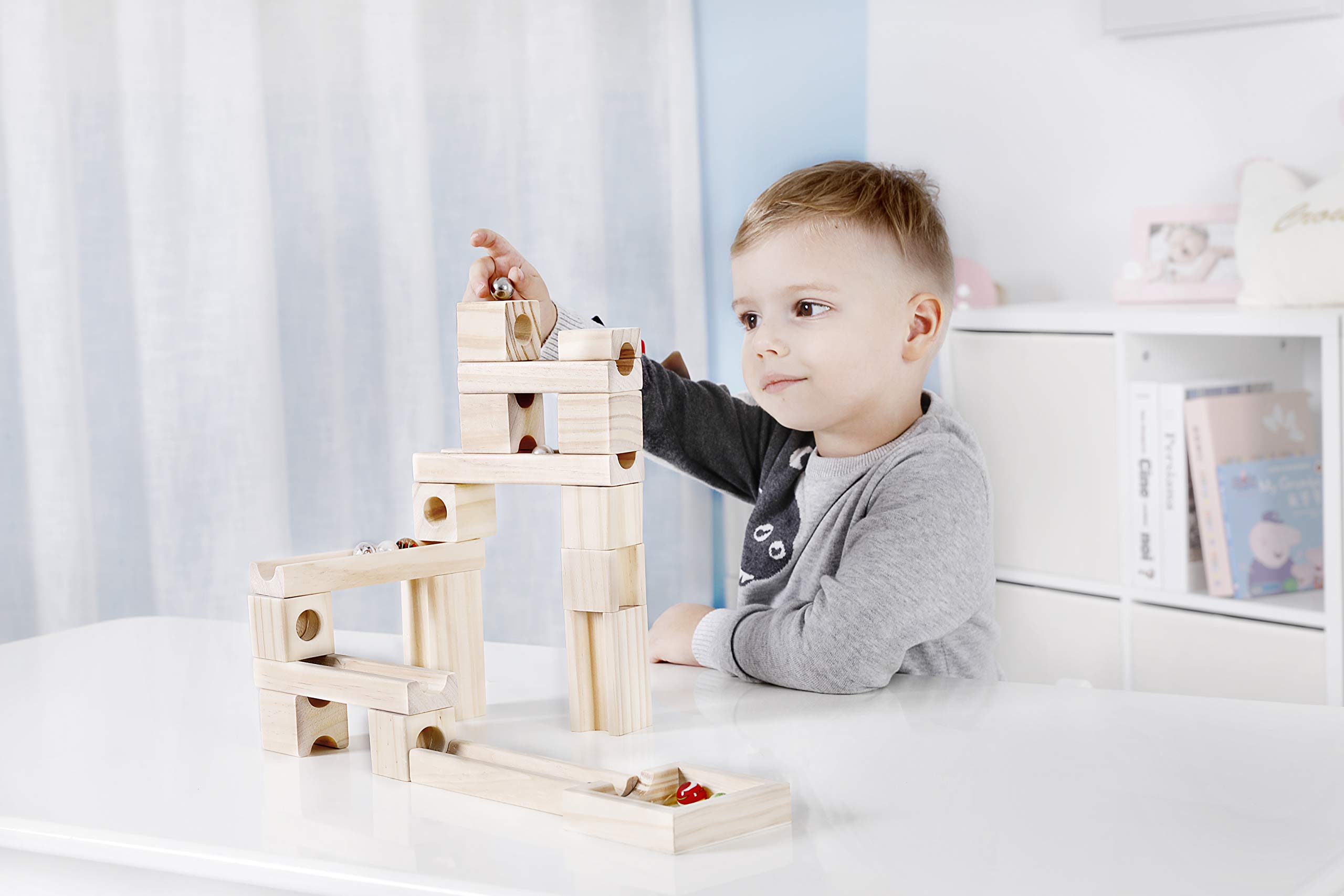 Wooden Marble Run STEM Learning Toys for Kids 4-8 | 60+ Expandable Building Blocks with Glass Marbles & Guide | Safe Birchwood Construction (ASTM Certified)