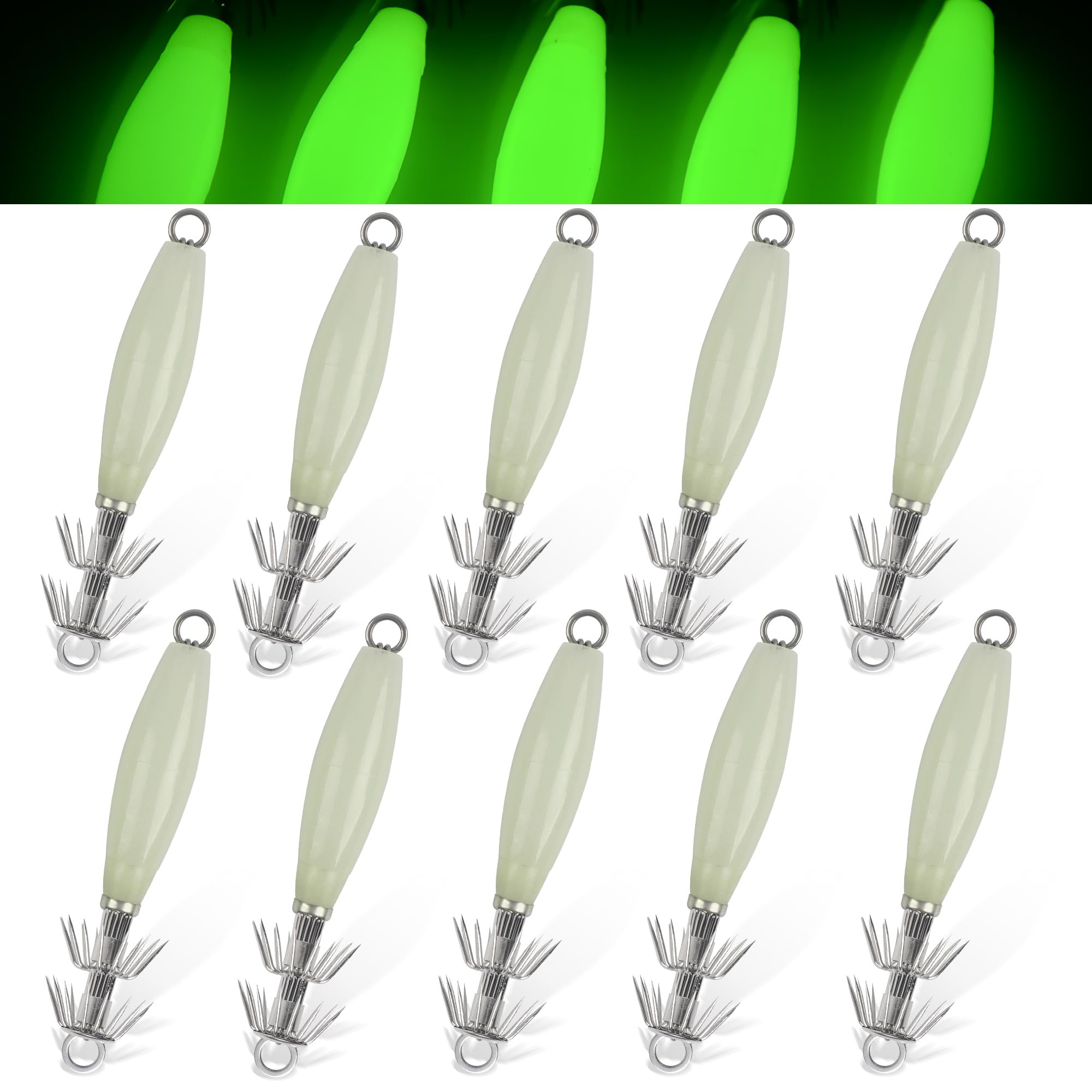 Luminous Squid Jig Hooks 5pcs/10pcs Fluorescent Cuttlefish Sleeve Jig Octopus Lures Shrimp Bait Squid Hook Hard Fishing Baits Set for Saltwater Night Fishing (10pcs)
