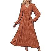 Womens Elegant Long Sleeves Spring Autumn Swiss Dots Dress V-Neck High Waist Maxi Dress